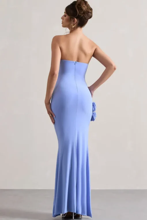 My Muse | Blue Ruched Bandeau Split Maxi Dress With Flowers