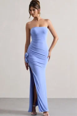 My Muse | Blue Ruched Bandeau Split Maxi Dress With Flowers