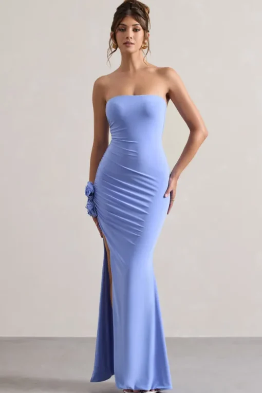 My Muse | Blue Ruched Bandeau Split Maxi Dress With Flowers
