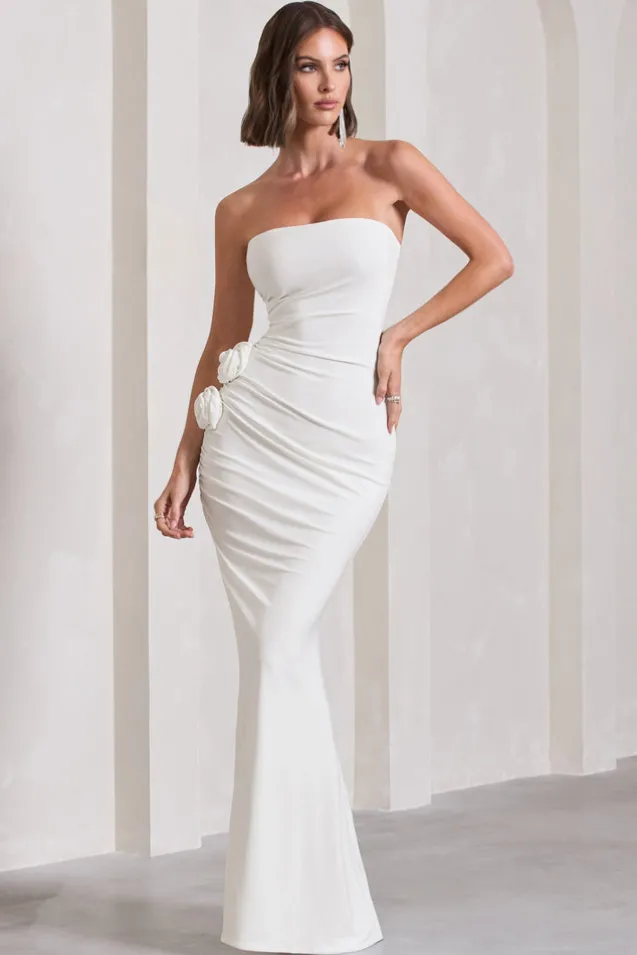 My Muse | White Ruched Bandeau Split Maxi Dress With Flowers