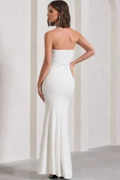 My Muse | White Ruched Bandeau Split Maxi Dress With Flowers