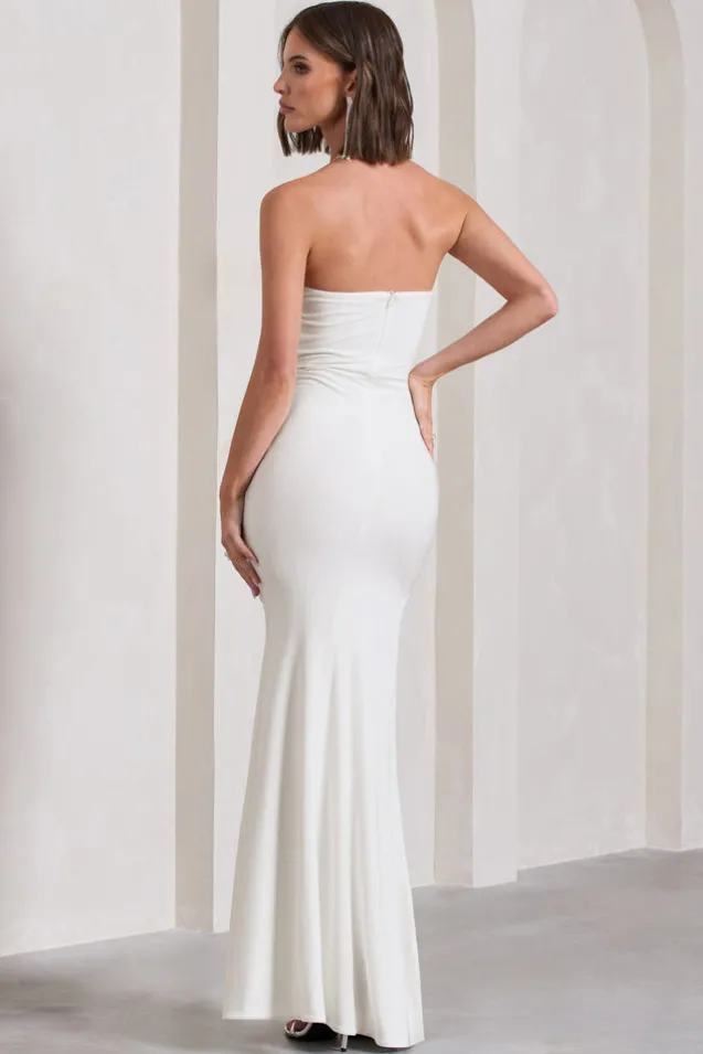 My Muse | White Ruched Bandeau Split Maxi Dress With Flowers