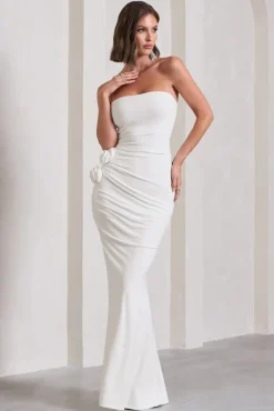 My Muse | White Ruched Bandeau Split Maxi Dress With Flowers