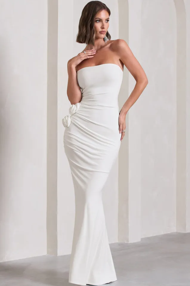 My Muse | White Ruched Bandeau Split Maxi Dress With Flowers