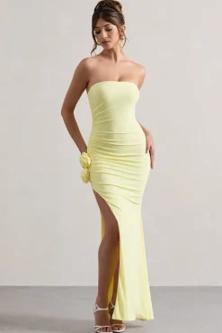 My Muse | Yellow Ruched Bandeau Split Maxi Dress With Flowers