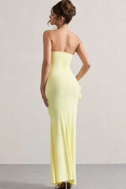 My Muse | Yellow Ruched Bandeau Split Maxi Dress With Flowers