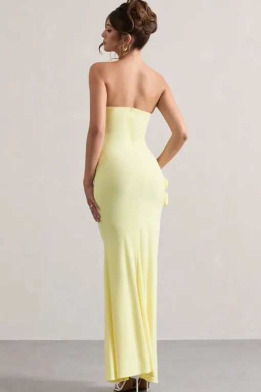 My Muse | Yellow Ruched Bandeau Split Maxi Dress With Flowers