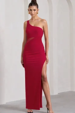 My Night | Red One Shoulder Sleeveless Cut-Out Split Maxi Dress