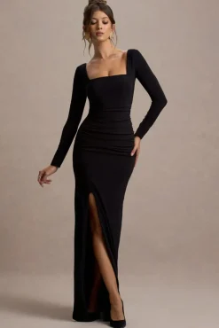 My Pleasure | Black Square Neck Ruched Maxi Dress