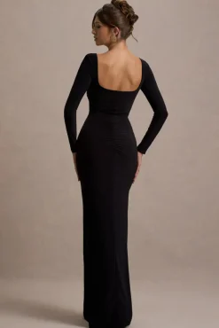 My Pleasure | Black Square Neck Ruched Maxi Dress