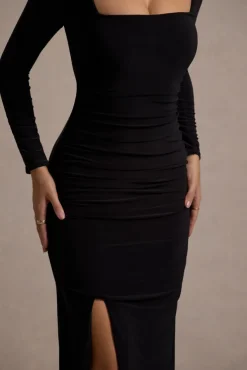 My Pleasure | Black Square Neck Ruched Maxi Dress