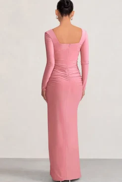 My Pleasure | Blush Long Sleeve Square Neck Maternity Maxi Dress with Split
