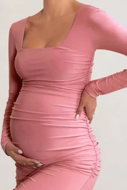 My Pleasure | Blush Long Sleeve Square Neck Maternity Maxi Dress with Split