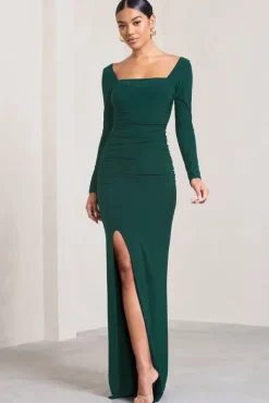 My Pleasure | Bottle Green Square Neck Ruched Maxi Dress