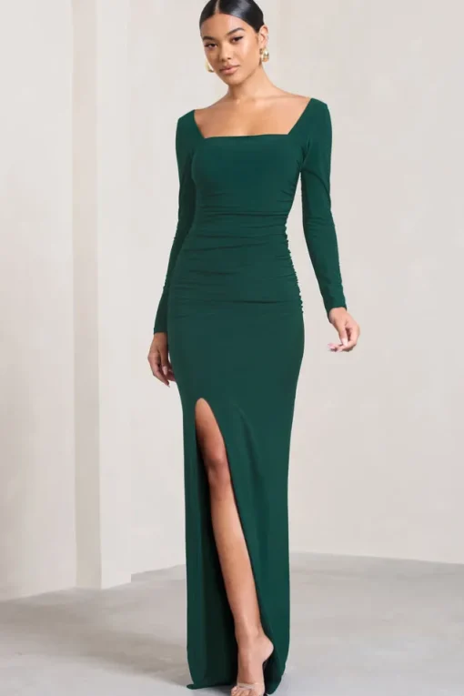 My Pleasure | Bottle Green Square Neck Ruched Maxi Dress
