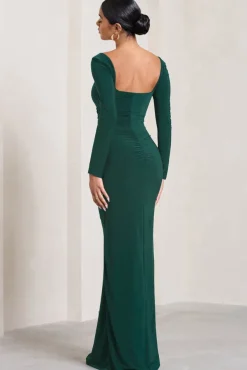 My Pleasure | Bottle Green Square Neck Ruched Maxi Dress