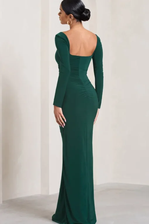 My Pleasure | Bottle Green Square Neck Ruched Maxi Dress