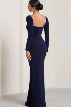 My Pleasure | Navy Square Neck Ruched Maxi Dress