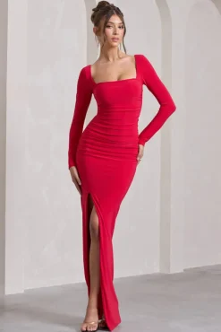 My Pleasure | Red Square Neck Ruched Maxi Dress