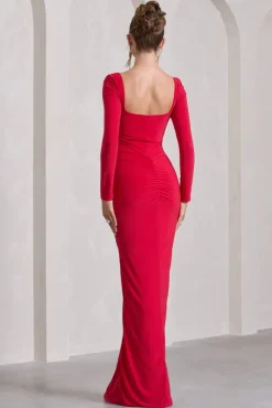My Pleasure | Red Square Neck Ruched Maxi Dress