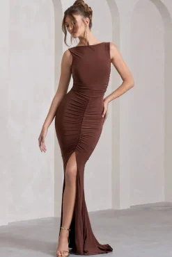 My Presence | Chocolate Brown Low-Back Fishtail Split Maxi Dress