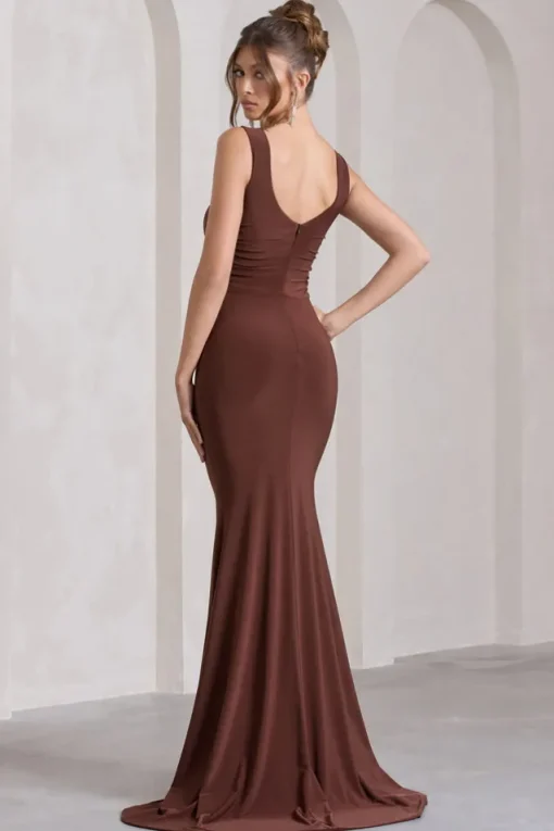 My Presence | Chocolate Brown Low-Back Fishtail Split Maxi Dress