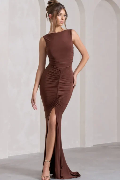My Presence | Chocolate Brown Low-Back Fishtail Split Maxi Dress