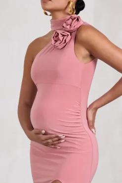My Promise | Blush Pink Asymmetric Halter Collar Maternity Maxi Dress With Flowers
