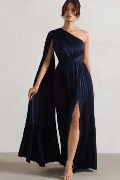 My Vision | Navy Plisse Asymmetric Split Maxi Dress With Cape Sleeve