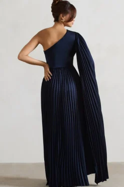 My Vision | Navy Plisse Asymmetric Split Maxi Dress With Cape Sleeve
