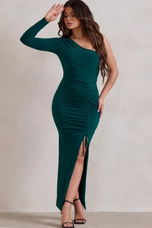 Mystical | Bottle Green One Shoulder Maxi Dress With Side Split
