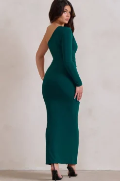 Mystical | Bottle Green One Shoulder Maxi Dress With Side Split