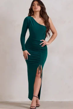 Mystical | Bottle Green One Shoulder Maxi Dress With Side Split