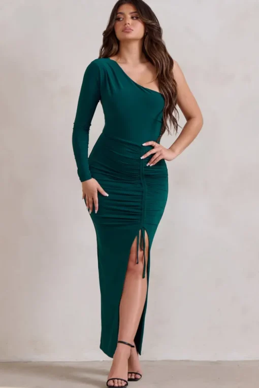 Mystical | Bottle Green One Shoulder Maxi Dress With Side Split