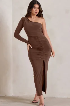 Mystical | Chocolate Brown One Shoulder Maxi Dress With Side Split