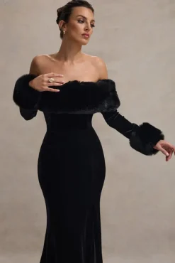 Mystique | Black Bardot Split Maxi Dress With Fur Trims