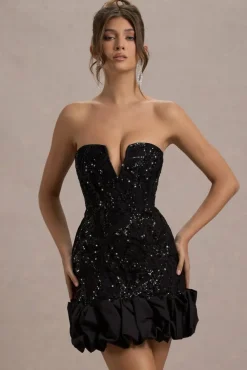 Nadia | Black Sequin Strapless Mini Dress With Ruffle Trim