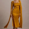 Nalda | Mustard Square-Neck Midi Dress With Cape Sleeves
