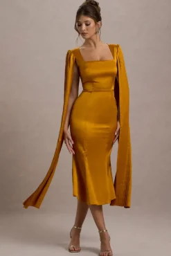 Nalda | Mustard Square-Neck Midi Dress With Cape Sleeves