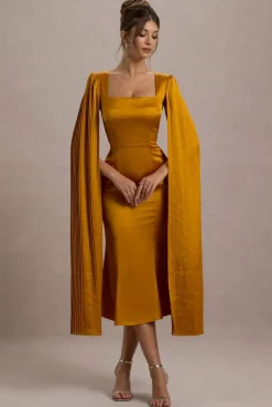 Nalda | Mustard Square-Neck Midi Dress With Cape Sleeves