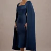Nalda | Navy Square-Neck Midi Dress With Cape Sleeves