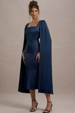 Nalda | Navy Square-Neck Midi Dress With Cape Sleeves