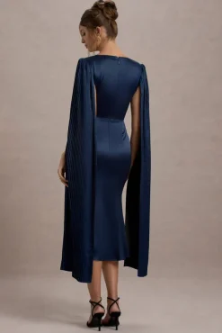 Nalda | Navy Square-Neck Midi Dress With Cape Sleeves