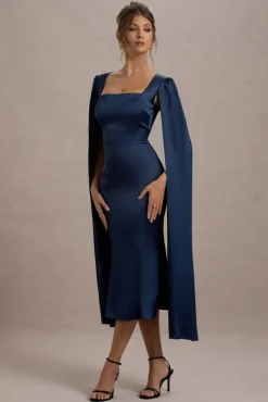 Nalda | Navy Square-Neck Midi Dress With Cape Sleeves
