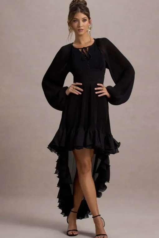 Namir | Black High-Low Chiffon Maxi Dress