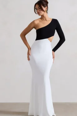 Nantes | Black u0026 White Asymmetric One-Sleeve Cut-Out Maxi Dress