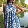 Naples | Blue Porcelain Print Halter-Neck Mini Dress With Corsage
