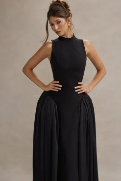 Napoli | Black High-Neck Volume-Skirt Midi Dress
