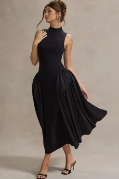 Napoli | Black High-Neck Volume-Skirt Midi Dress