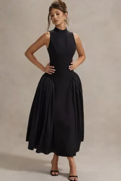 Napoli | Black High-Neck Volume-Skirt Midi Dress